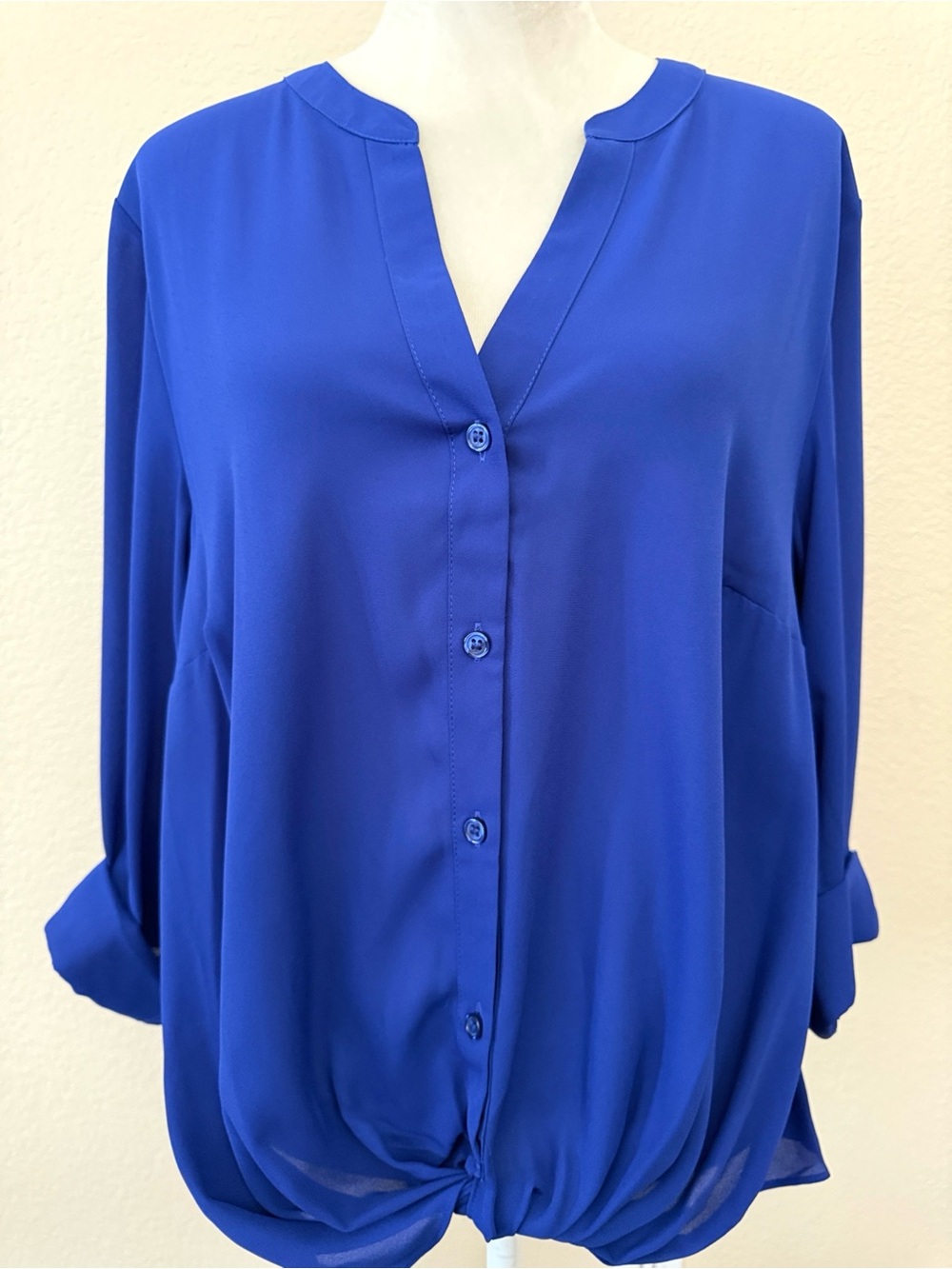 INC International Concepts Twist-Front Button-Up Blouse in Royal Blue